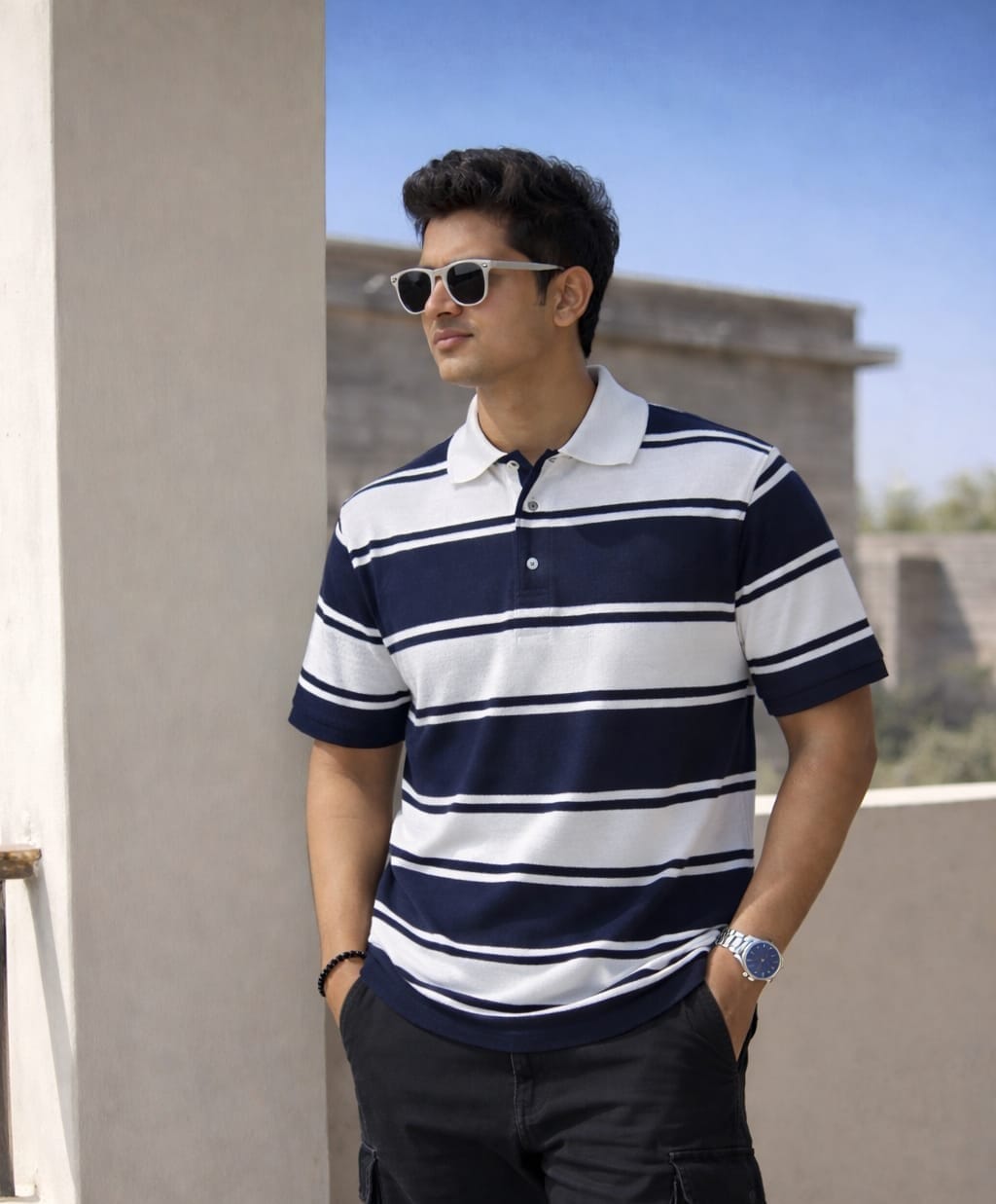 Men’s Navy & White Striped Polo T-Shirt – Classic Fit
