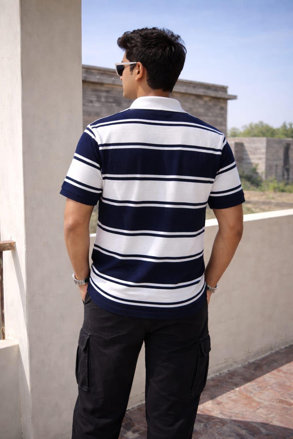 Men’s Navy & White Striped Polo T-Shirt – Classic Fit